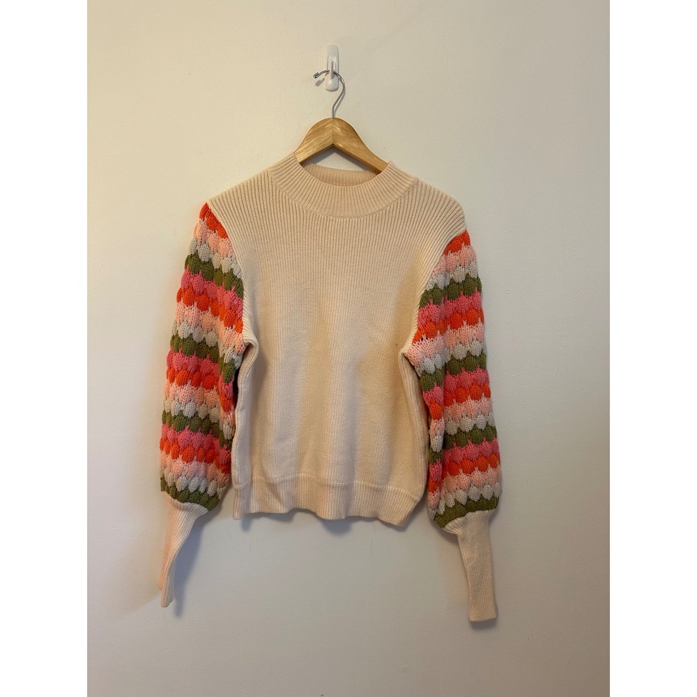 THML Cream Mock Neck Sweater with Multi Color Crochet Puff Sleeve | Size Small